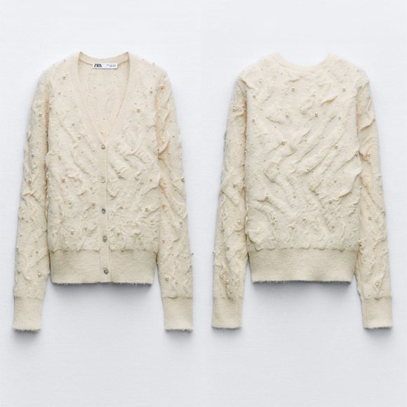 NEW Zara Pearl Textured knit Cardigan size M - Picture 3 of 3